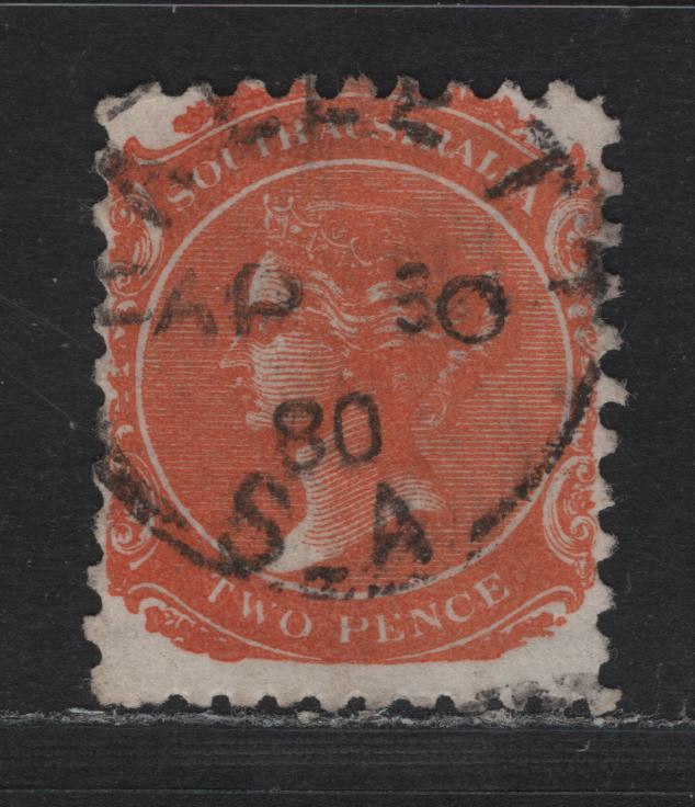 Lot 134 Australia - South Australia SG#168 2d Orange Red , 1876-1904 Queen Victoria Surface Printed Sideface Issue, A Fine Used Single, Perf 10, Crown Over SA Wmk, SON April 30 1880 Halett Cancel.