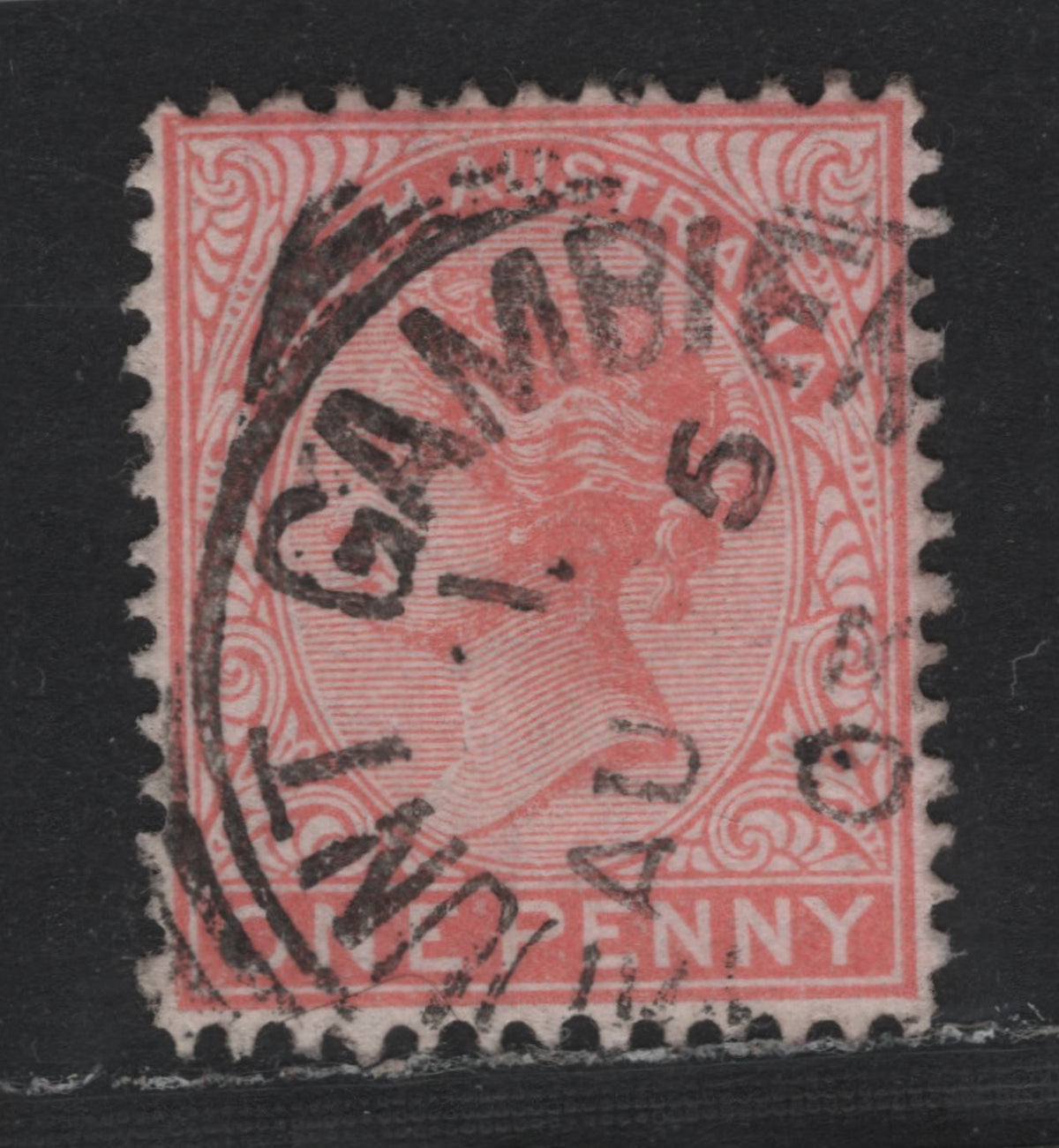 Lot 142 Australia - South Australia SG#176var 1d Pale Rose , 1876-1904 Queen Victoria Surface Printed Sideface Issue, A Very Fine Used Single, Perf 13, Crown Over SA Wmk, SON August 5 1903 Mount Gambier Squared Circle Cancel.