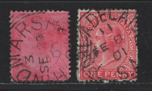 Lot 143 Australia - South Australia SG#176 1d Rosine , 1876-1904 Queen Victoria Surface Printed Sideface Issue, 2 Fine Used Singles, Common Squared Circle Cancels, UnusuallyClear & Clean Strike, Hindmarsh Sept 29 1900 & Port Adelaide February 8 1901.