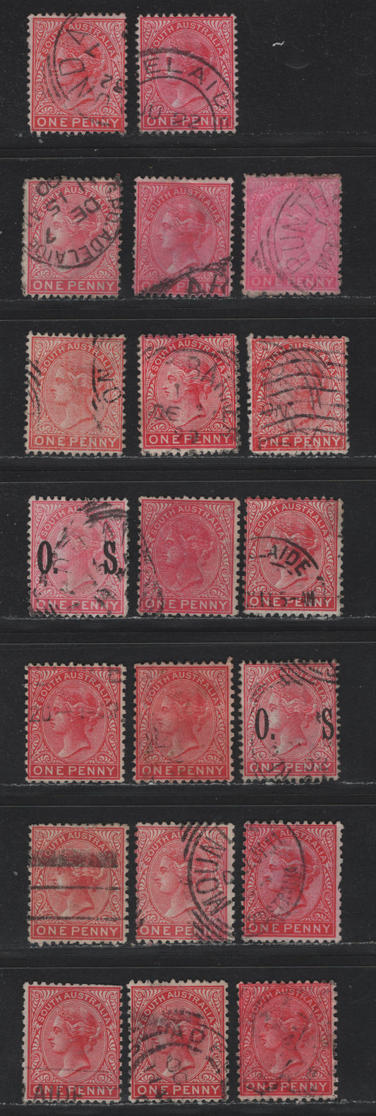 Lot 144 Australia - South Australia SG#176-b, 179,a, O81, 294,a 1d Rosine - Deep Red , 1876-1904 Queen Victoria Surface Printed Sideface Issue, 20 Fine/Very Fine Used Singles, Crown Over SA Wmk Perfs 13 & 12x11.2, Crown Over A perf 12x11.5