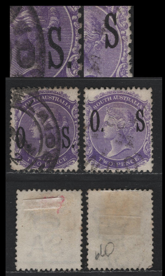 Lot 145 Australia - South Australia SG#O82, O82c 2d Violet , 1876-1904 Queen Victoria Surface Printed Sideface Issue, 2 Fine/Very Fine Used Singles, Perf 13, Crown over SA Wmk, One Normal Overprint, Other With No Period After 'S'.