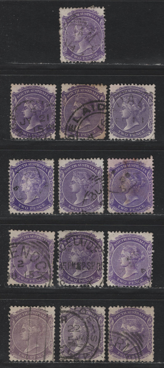 Lot 148 Australia - South Australia SG#178, 180, 295, 295a 2d Bright Violet - Mauve , 1876-1912 Queen Victoria Sideface - GPO Adelaide Issues, 13 Very Fine Used Singles, Wide Range of Shades, Perfs 13 & 12x11.5, Crown Over SA & Crown Over A Wmks.