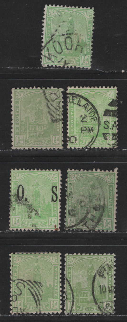 Lot 149 Australia - South Australia (C)SG#O80, 241, 242, 293,b 1/2d Yellow Green - Pale Green , 1899-1912 GPO Adelaide Definitives, 7 Fine/Very Fine Used Singles, Perfs 13 & 12x11.5, Crown Over SA & Crown Over A Wmks