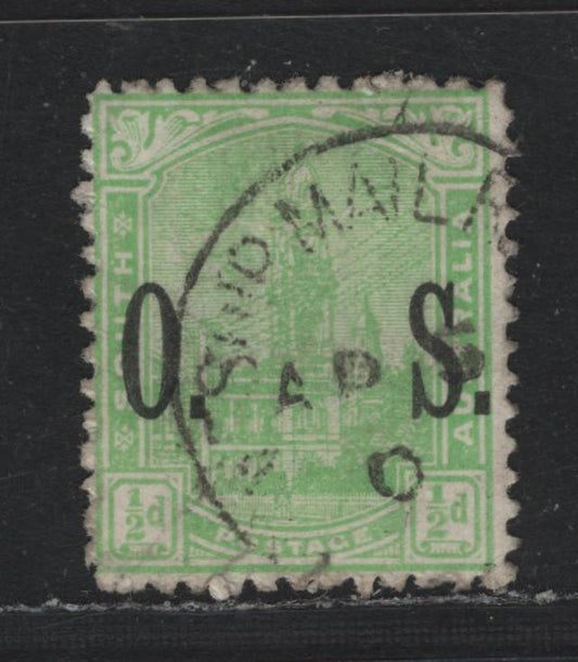 Lot 150 Australia - South Australia SG#O80 1/2d Pale Yellow Green , 1899-1912 GPO Adelaide Definitives, A Very Fine Used Single, Perf 13, Overprinted OS, April 5, 190(?) Cancel.