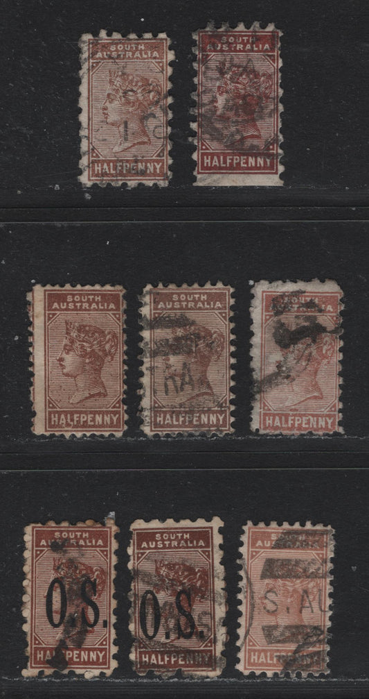 Lot 152 Australia - South Australia SG#182b,c, 187, 188a, 191, O60 1/2d Chocolate - Deep Brown , 1883-1899 Queen Victoria Sideface Issue, 8 Very Good/Fine/Very Fine Used Singles, Perfs 10, 11.5x12.5, 13 & 15, Normal & Overprinted OS