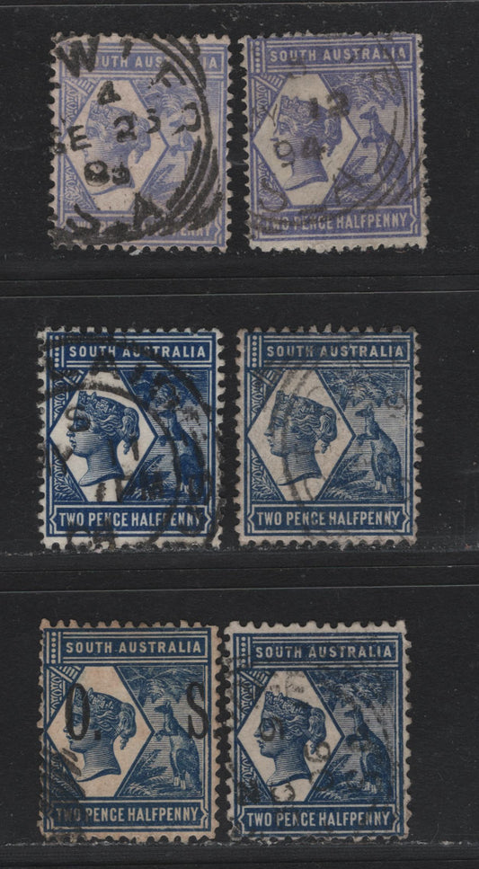 Lot 154 Australia - South Australia SG#234, 236-237, 239, O83 2.5d Violet Blue - Indigo , 1894-1906 Queen Victoria & Red Kangaroo Keyplates, 6 Fine/Very Fine Used Singles, Normal & Overprinted OS, Perfs 13, 15 & 12x11.5, Crown Over SA.