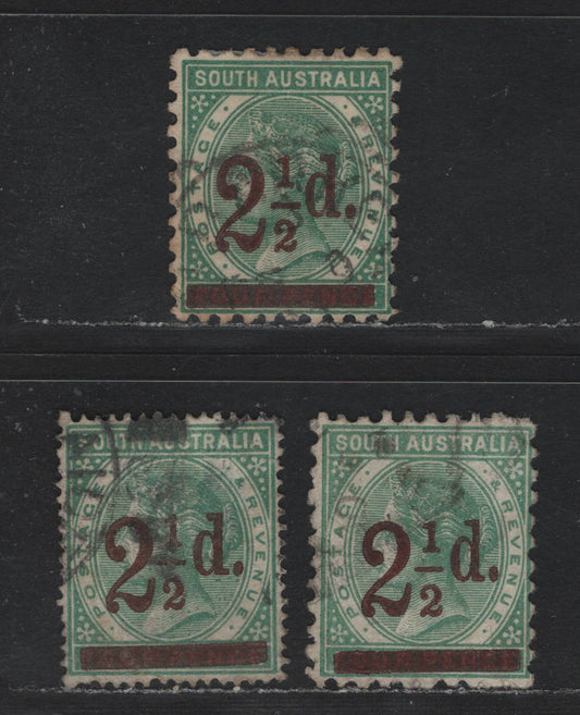 Lot 156 Australia - South Australia SG#229,a, 233 2.5d on 4d Green - Deep Green , 1891-1893 Surcharged issue, 3 Fine/Very Fine Used Singles, Perfs 10 & 15