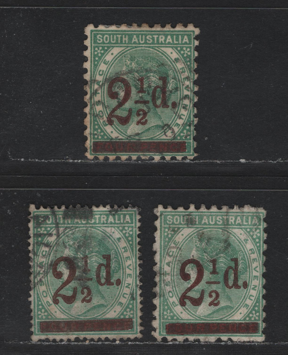 Lot 156 Australia - South Australia SG#229,a, 233 2.5d on 4d Green - Deep Green , 1891-1893 Surcharged issue, 3 Fine/Very Fine Used Singles, Perfs 10 & 15