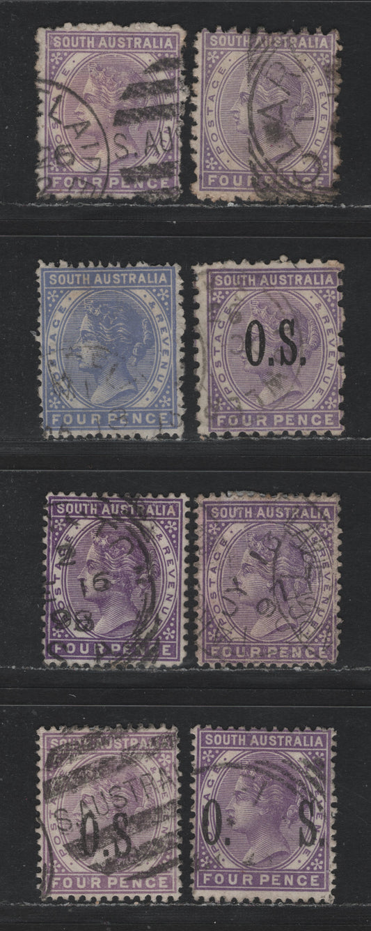 Lot 158 Australia - South Australia SG#184, O61, 189a, 193, O69, O84 4d Violet - Pale Violet , 1883-1899 Queen Victoria Sideface Issue,  Fine/Very Fine Used Singles, Normal & Overprinted OS, Perfs 10, 13 & 15