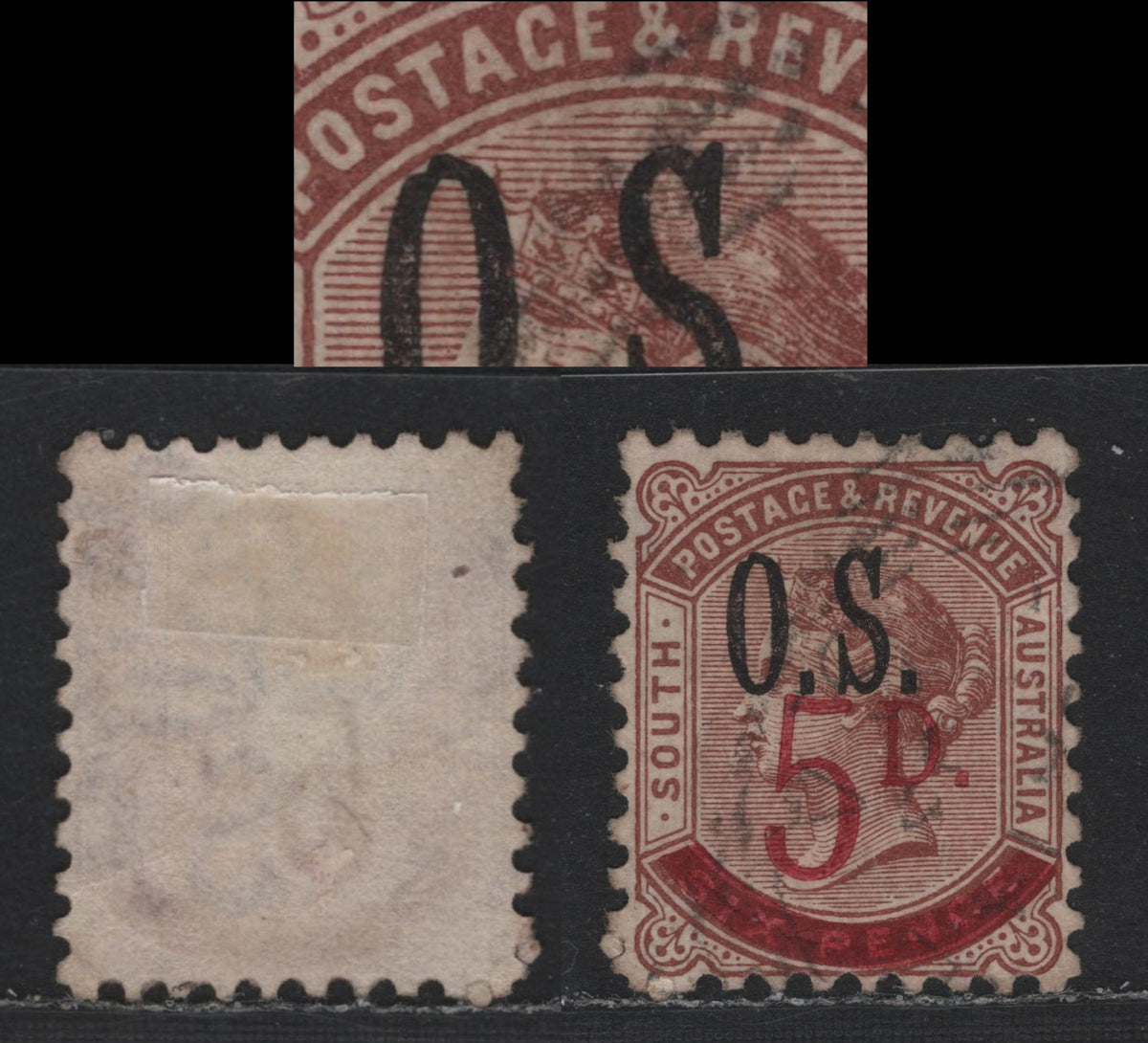 Lot 161 Australia - South Australia SG#O72var 5d on 6d Red Brown , 1891-1895 Surcharged issue, A Very Fine Used Single, Perf 10, Overprinted OS, Showing Slight Deformity Of the O from Pos. 18 of the Sheet, Unlisted In Gibbons.