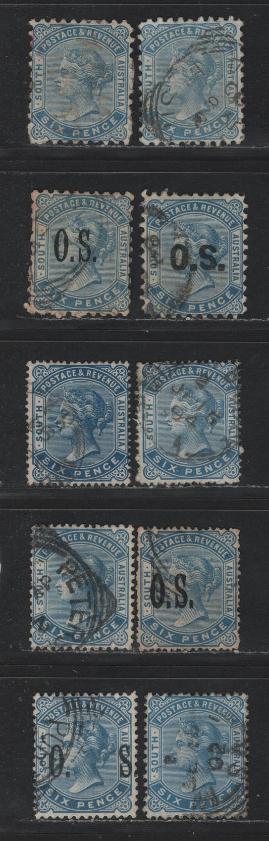 Lot 164 Australia - South Australia SG#185-a, O50, O62, 190, O67, 194-a, O85 6d Pale Blue - Blue , 1883-1899 Queen Victoria Sideface Issues,  Fine/Very Fine Used Singles, Perfs 10, 13 & 15, Normal & Overprinted OS