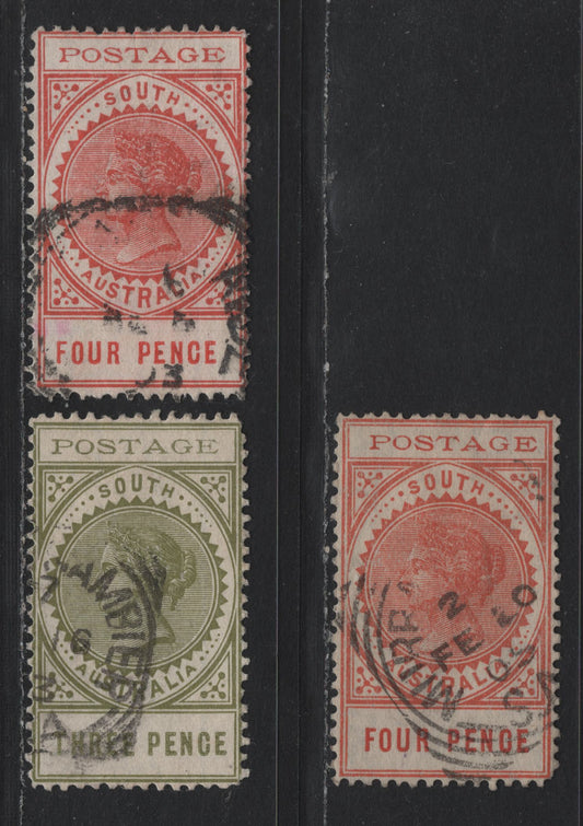 Lot 165 Australia - South Australia SG#281, 268-269 3d - 4d Olive Green - Red Orange , 1902-1904 Long Stamps With Thin Postage Issue, 3 Very Good/Very Fine Used Singles, Perfs 11.5-12.5 & 12, Crown Over SA Wmk