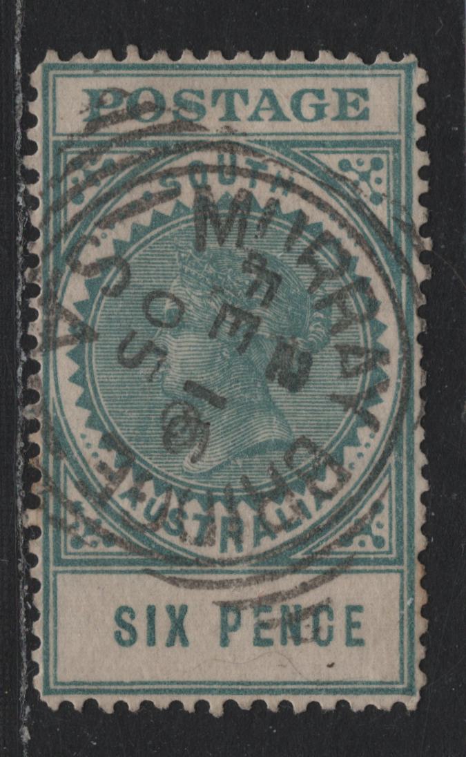 Lot 166 Australia - South Australia SG#284 6d Blue Green , 1904-1911 Long Stamps With Thick Postage Issue, A Very Fine Used Single, Perf 12, SON February 16 1905 Murray Bridge Squared Circle Cancel, Crown Over SA Wmk.