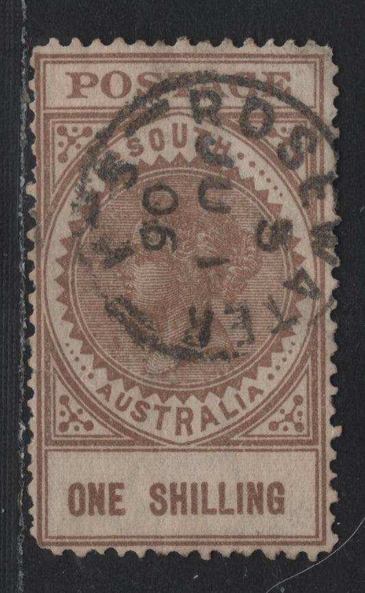 Lot 167A Australia - South Australia SG#288 1/- Brown , 1904-1911 Long Stamps With Thick Postage Issue, A Good Used Single, Inverted Wmk, SON June 1 1906 Rosewater CDS Cancel