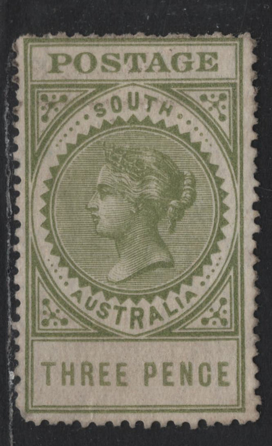 Lot 169 Australia - South Australia SG#298da 3d Bright Olive Green , 1906-1912 Long Stamps Issue, A Fine Unused Single, 19mm Value, Thinner, Ready Gummed Paper, September 1911 Printing.