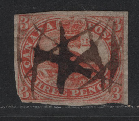 Lot 175 Canada #1a 3d Orange Red , 1851 Pence Issue, A Good Used Single, Horizontal Laid Paper (Pence-A), Laid Lines Readily Visible In Fluid, Full Margin At Right & Two Half Barjins At Top/Bottom, Mostly Clear At Left.