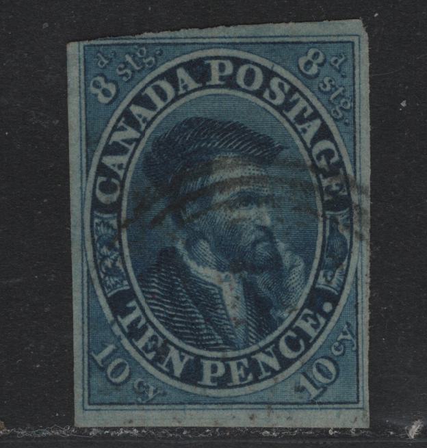 Lot 177 Canada #7 10d Blue , 1852-1857 Pence Issue, A Fine Used Single, Thin, Crisp Transparent Wove Paper (Pence-C), Clear Margins On 4 Sides to Just Barely Touching Outer Frameline At UL, Very Light 4 Ring Cancel, 2016 PSE Cert.