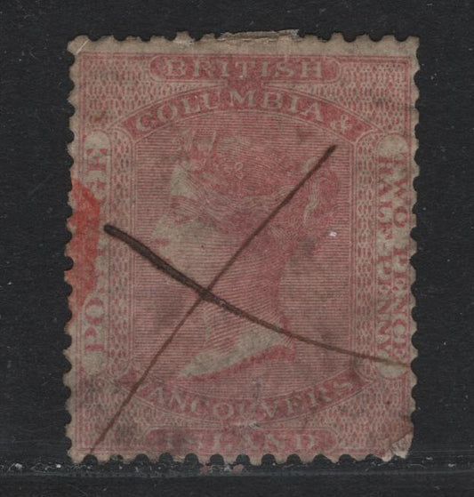 Lot 178 British Columbia & Vancouver Island #2 2.5d Dull Rose , 1860 Queen Victoria Issue, A Very Good Used Single, Manuscript Cancel, Little Age Toning, As often Found On This Stamp, Expert Repair Of The Lower Right  Corner.
