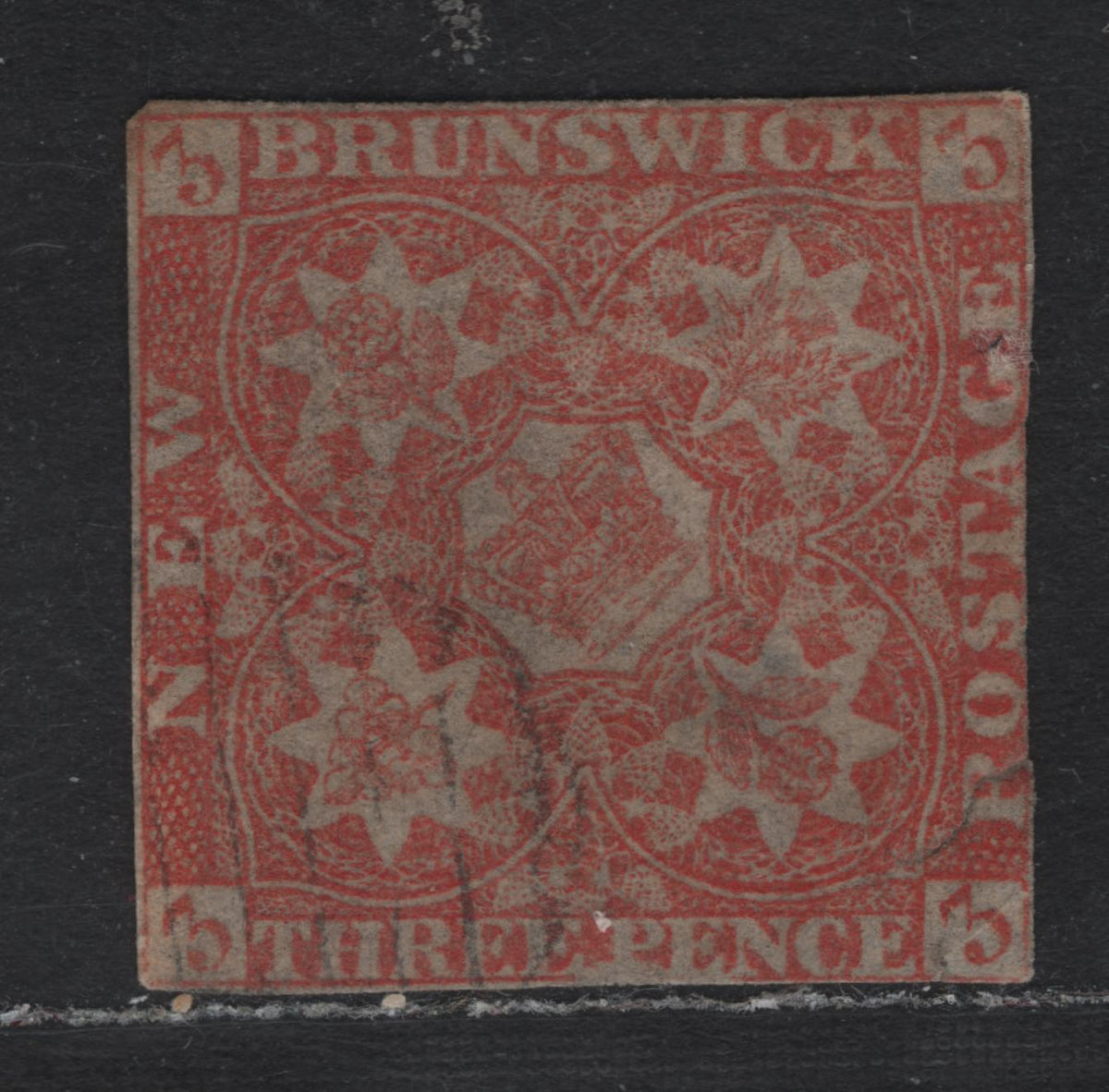 Lot 180 New Brunswick #1a 3d Dark Red , 1851 Pence Issue, An Ungraded Used Single, Presentable But Faulty Example, Very Close Margins On 2 Sides & Several Faults