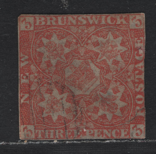 Lot 180 New Brunswick #1a 3d Dark Red , 1851 Pence Issue, An Ungraded Used Single, Presentable But Faulty Example, Very Close Margins On 2 Sides & Several Faults
