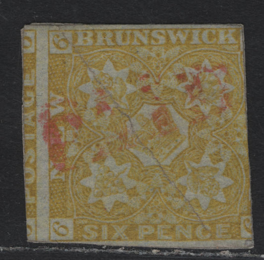 Lot 181 New Brunswick #2 6d Olive Yellow , 1851 Pence Issue, An Ungraded Used Single, Red 'Paid' Cancel, Been Rejoined By Rebacking two Diagonal Halves