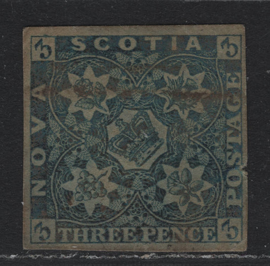 Lot 182 Nova Scotia #3 3d Dark Blue , 1851 Pence Issue, A Good Used Single, PB-B Paper, 4 Clear Margins, Tiny Nick In margin Between OS of Postage & Small Corner Creast At LL.