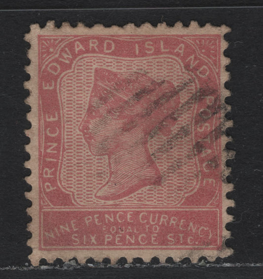 Lot 186 P.E.I #8i 9d Red Lilac , 1862-1865 Queen Victoria Issue, A Very Good Used Single, Perf 11.75, Yellowish Paper (CW-C), Face Free Cancel, But Heavy Diagonal Crease.