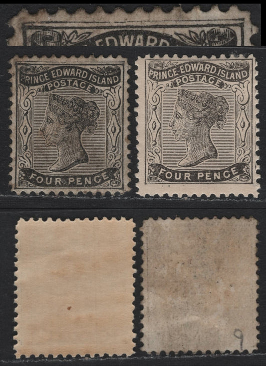 Lot 187 P.E.I #9. 9a 4d Black , 1868-1870 Queen Victoria Issue, 2 F/VFOG Singles, Black & Yellowish Papers (CW-B & CW-C), Perfs 12 & 11.75