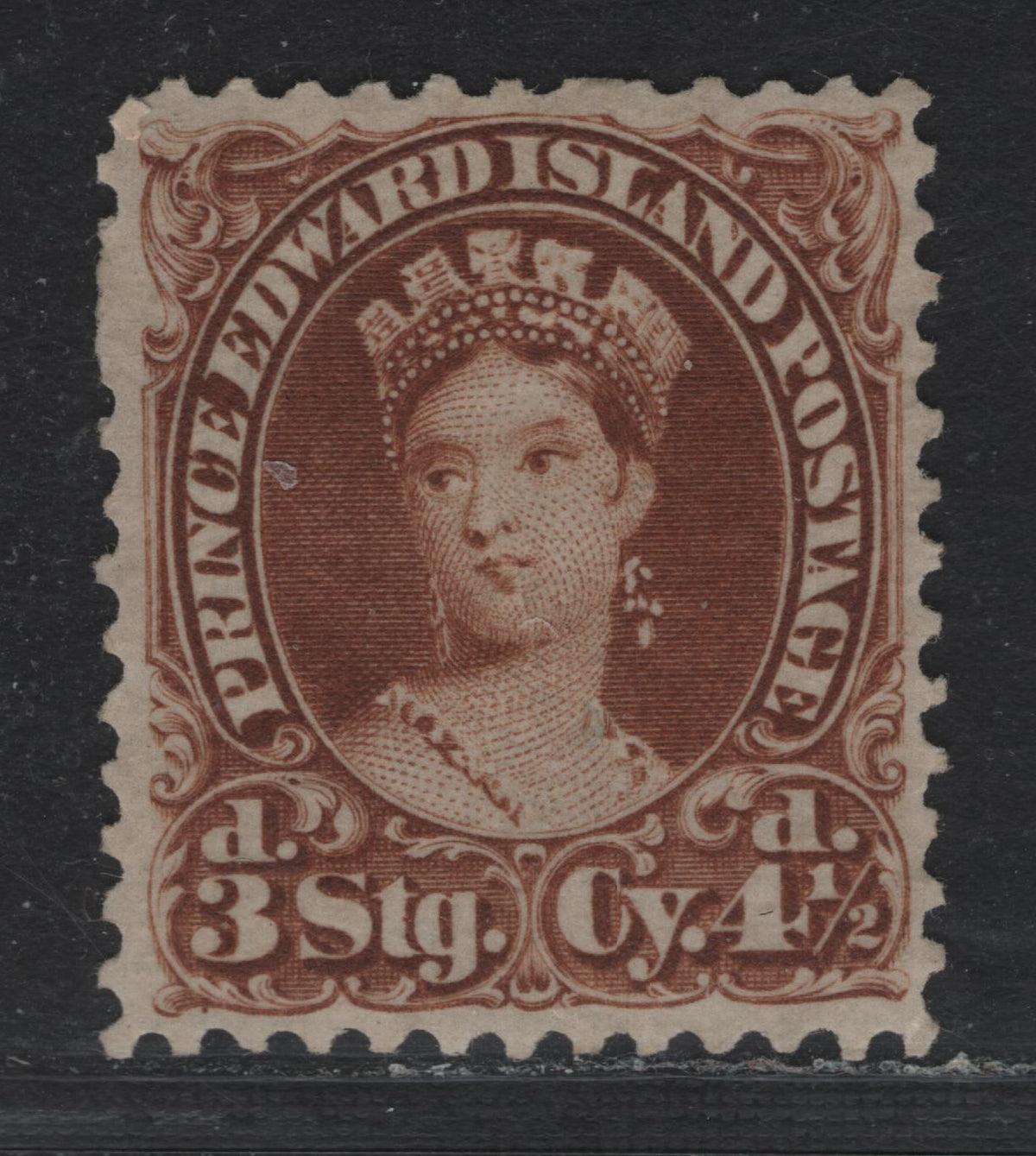 Lot 188 P.E.I #10i 4.5d Yellow Brown , 1868-1870 Queen Victoria Issue, A Fine Unused Single, Perf 12, Small Internal Crease