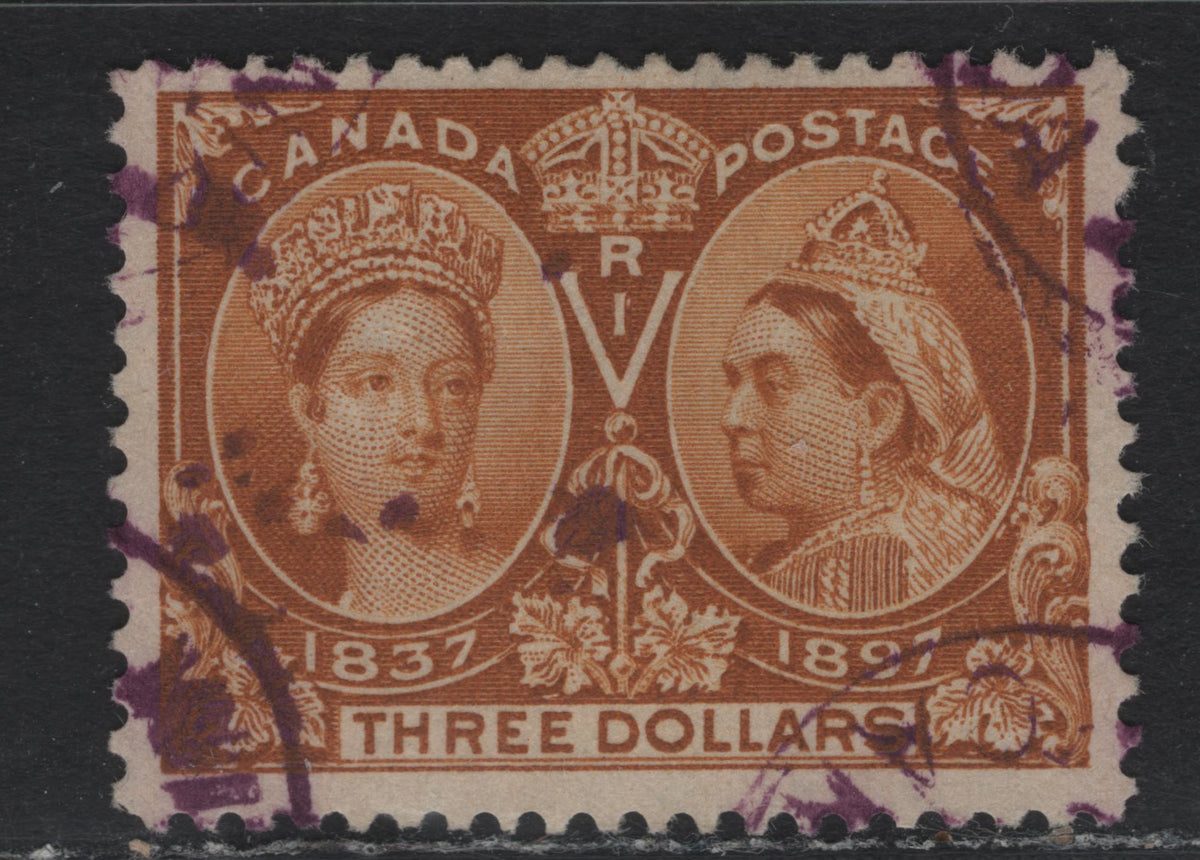 Lot 189 Canada #63var $3 Brown Ochre , 1897 Diamond Jubilee Issue, A Very Fine Used Single, ABN-QQQQ Paper, Perf 12x11.75, Showing Distorted P For I In RIV.
