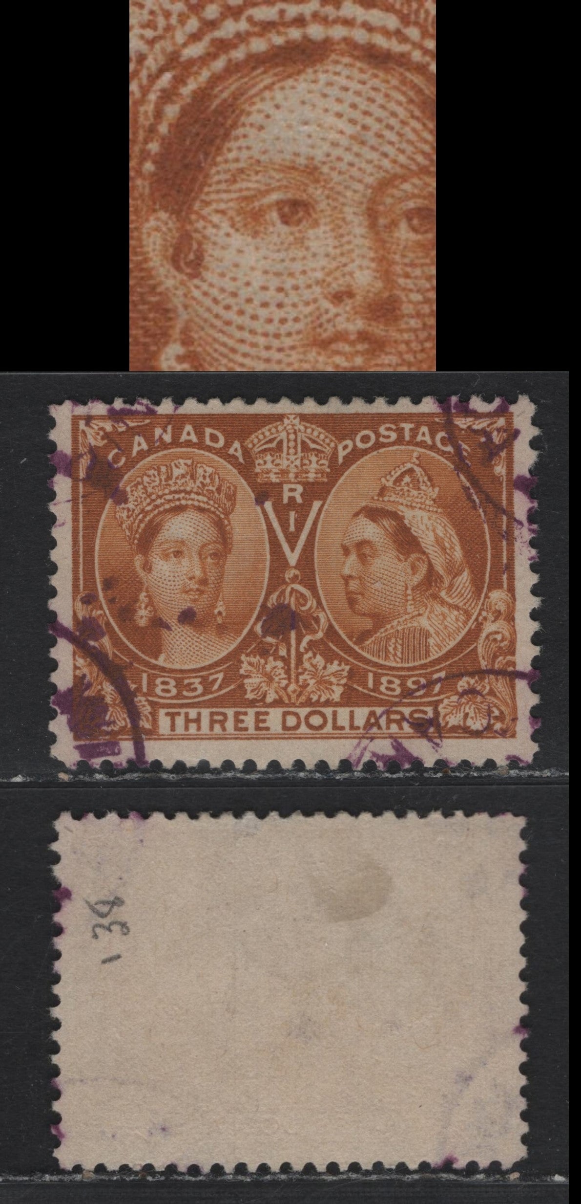 Lot 189 Canada #63var $3 Brown Ochre , 1897 Diamond Jubilee Issue, A Very Fine Used Single, ABN-QQQQ Paper, Perf 12x11.75, Showing Distorted P For I In RIV.
