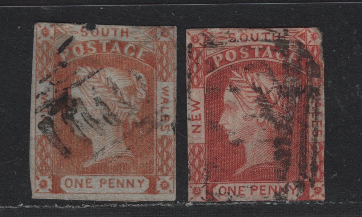 Lot 304 Australia - NSW SG#44, 47 1d Carmine - Vermillion , 1851 Queen Victoria Issue, 2 Ungraded Used Singles, Thick Yellowish & Bluish Wove Papers, Presentable, But Faulty Examples