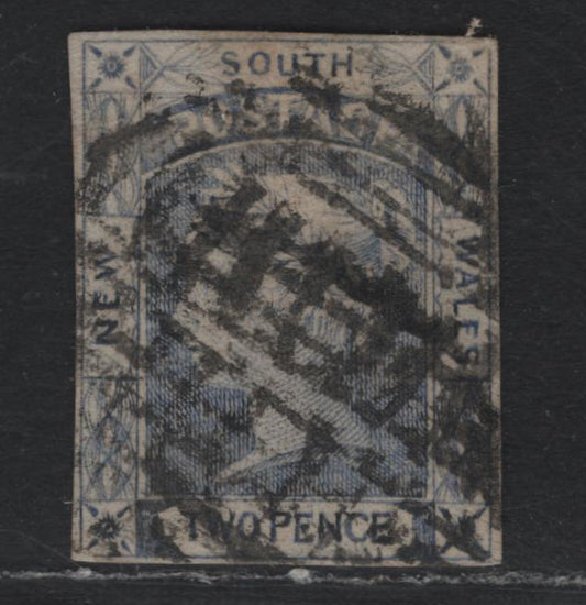 Lot 305A Australia - NSW (C)SG#53 2d Chalky Blue , 1851-1853 Laureate Issue, A Very Good Used Single, Bluish Wove paper, 4 Close Margins But Light Hinge Thin, Plate 1, Moderate To Heavier Barred Numeral Cancel.