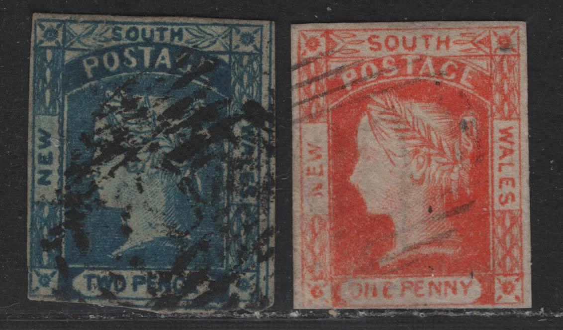 Lot 309 Australia - NSW SG#83, 85 1d - 2d Orange Vermillion - Prussian Blue , 1854 Watermarked Laureate Issue, 2 Fine/Very Fine Used Singles, Doubled Lined 1 & 2 Wmks, Yellowish Wove Paper, 3 And 4 Margins.