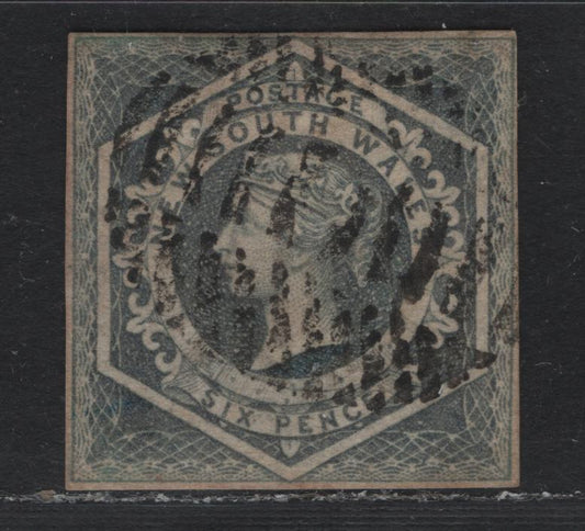 Lot 310 Australia - NSW SG#89 6d Deep Slate , 1854-1859 Imperf Diadem Issue, A Fine Used Single, 4 Margin Used Example, Moderate barred Grid Cancel