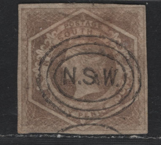 Lot 311 Australia - NSW SG#93a 6d Fawn , 1854-1859 Imperf Diadem Issue, A Fine Used Single, Wmk 8 In Error Instead Of 6, 4 Margins, Close At Right & Bottom, SON NSW Cancel, Shallow Hinge Thin At Top.