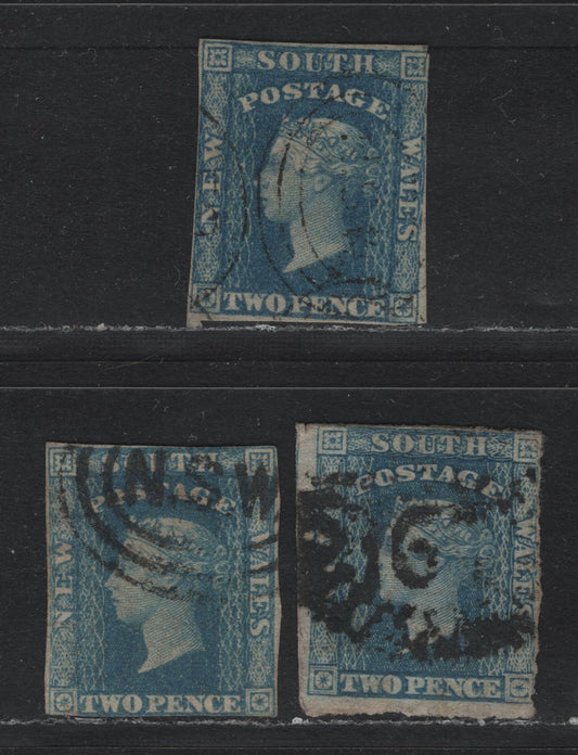 Lot 313 Australia - NSW SG#112 2d Blue , 1856-1860 Imperf Diadem Issue, 3 Very Good Used Singles, Plate 1, One With Inverted Wmk, Rest Normal, Slightly Different Shades, 2 & 3 Close Margins.