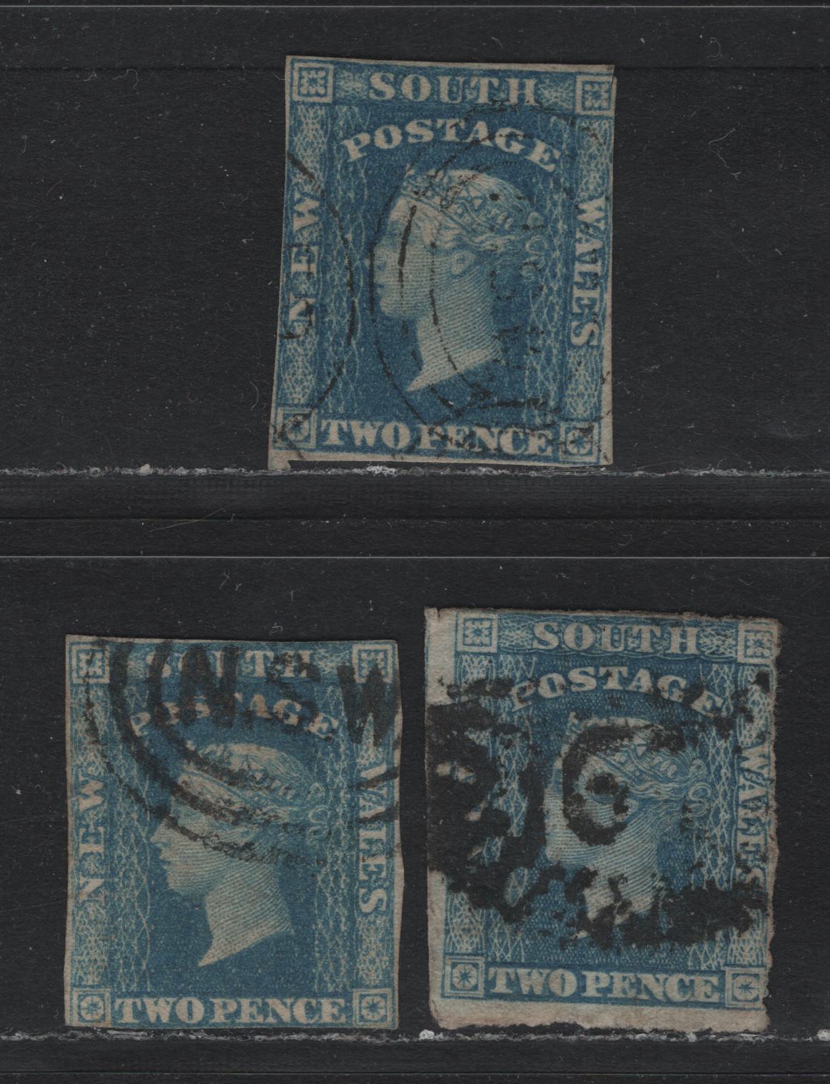 Lot 313 Australia - NSW SG#112 2d Blue , 1856-1860 Imperf Diadem Issue, 3 Very Good Used Singles, Plate 1, One With Inverted Wmk, Rest Normal, Slightly Different Shades, 2 & 3 Close Margins.