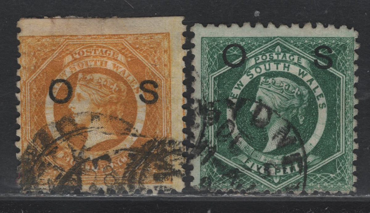 Lot 323 Australia - NSW SG#O28, O32 5d - 8d Dull Green - Deep yellow , 1882-1885 Diadem Issue, 2 Very Good/Fine Used Singles, Perf 10, 8d Is A Top Sheet Margin Example With Natural Straight Edge, Few Light Wrinkles On The 8d.