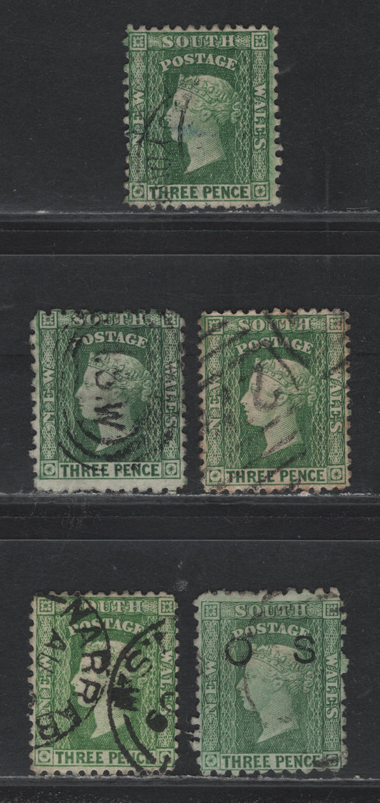 Lot 324 Australia - NSW SG#228, 226e-f, 327, O25 3d Yellow Green - Bluish Green , 1882-1897 Diadem Issue, 5 Very Good/Fine/Very Fine Used Singles, Both Types Of Large Crown Over NSW Wmks (2mm & 1mm Gap Between Crown & NSW), Perfs 10, 12, 11x12 & 11