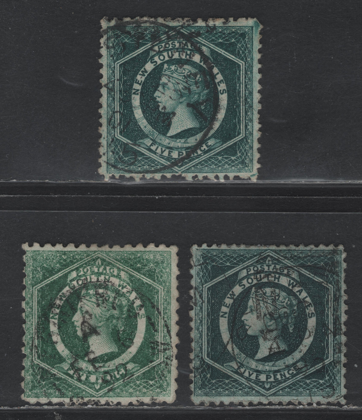 Lot 325 Australia - NSW SG#231, 233a,d 5d - 8d Dull Green - Blue Green , 1882-1897 Diadem Issue, 3 Fine/Very Fine Used Singles, Perf 10, 12x11 & 12, Large Crown Over NSW Wmk, 2mm Gap.