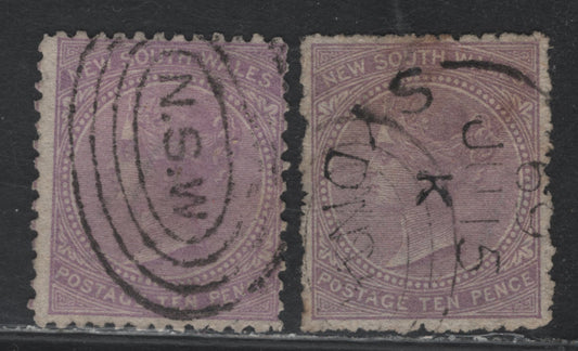 Lot 328 Australia - NSW SG#205, 206a 10d Lilac - Mauve , 1867-1893 Surface Printed Sideface Issue, 2 Fine/Very Fine Used Singles, Perfs 10 & 13, '10' Wmk, Perf 10 Has Typical Rough Perfs & Unpunched Perf Discs & SON June 15 1869 Sydney Split Ring Cancel.