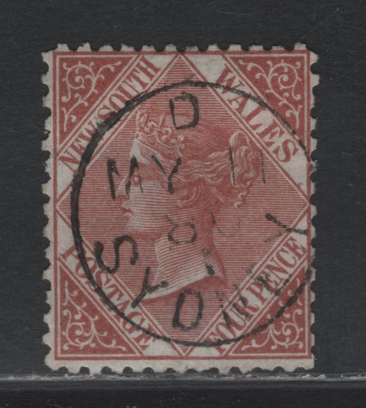 Lot 330 Australia - NSW SG#214 4d Red Brown , 1871-1903 Surface Printed Sideface Issue, A Very Fine Used Single, Perfectly Struck & Socked On The Nose, May 11 1880 Sydney CDS Cancel