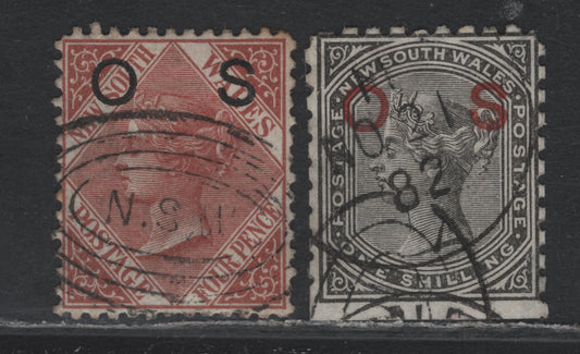 Lot 332 Australia - NSW SG#U6,O12a 4d - 1/- Red Brown - Black , 1879-1885 De La Rue Keyplate & Overprinted OS Issue, 2 Very Fine Used Singles, Perfs 13 & 10, Perfectly centered & Well Centered Bottom Sheet Margin Example
