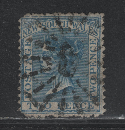 Lot 334 Australia - NSW SG#219bvar 2c Pale Blue , 1871-1902 Surface Printed Sideface Issue, A Fine Used Single, Perf 10x13, Showing #49 Sunburst cancel For Singleton, Two Rounded Corners At UL & LL, But Otherwise Sound.