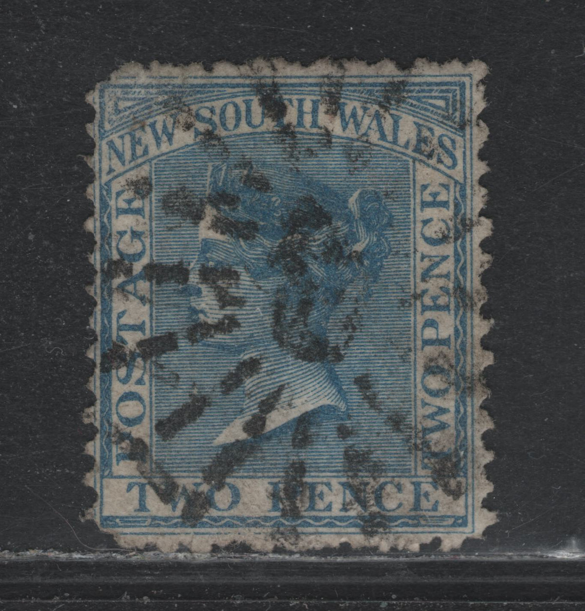 Lot 334 Australia - NSW SG#219bvar 2c Pale Blue , 1871-1902 Surface Printed Sideface Issue, A Fine Used Single, Perf 10x13, Showing #49 Sunburst cancel For Singleton, Two Rounded Corners At UL & LL, But Otherwise Sound.