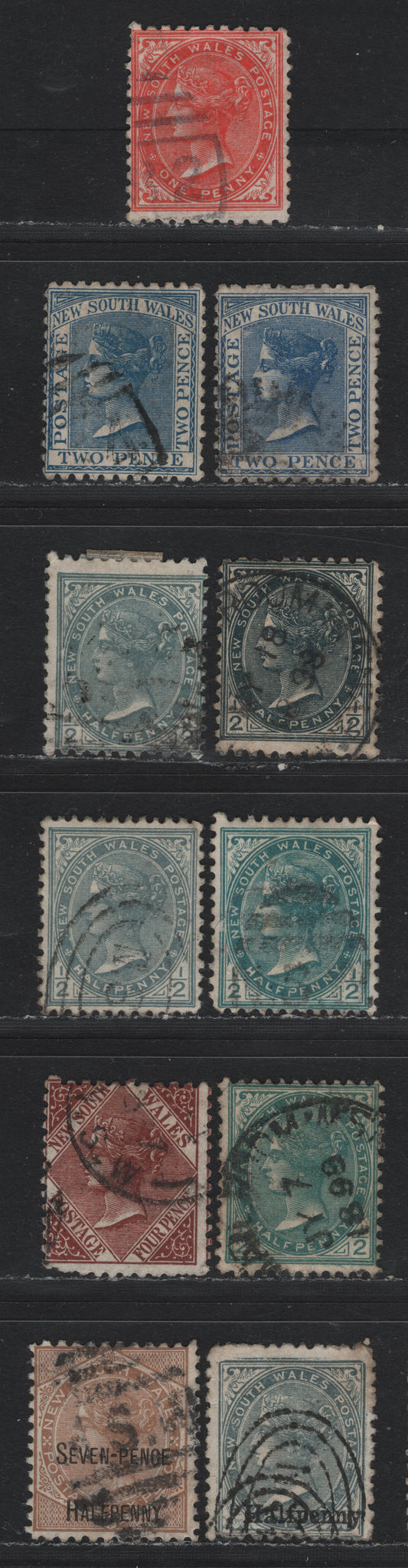 Lot 337 Australia - NSW SG#223f/272 1/2d - 7.5d on 6d Slate - Brown , 1892-1899 Queen Victoria Sidefaces & Surcharged Issues, 11 Very Good/Fine/Very Fine Used Singles, Large Crown Over NSW Wmk, Perfs 11x12,12 & 12x11.5