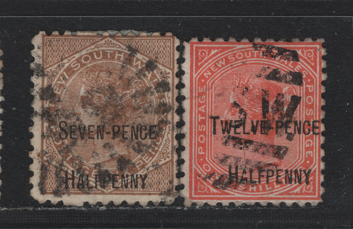 Lot 338 Australia - NSW SG#267a, 268b 7.5d on 6d - 12.5d on 1/- Brown - Red , 1891 Surcharged Issue, 2 Fine Used Singles, Perf 11, Large Crown over NSW Wmk
