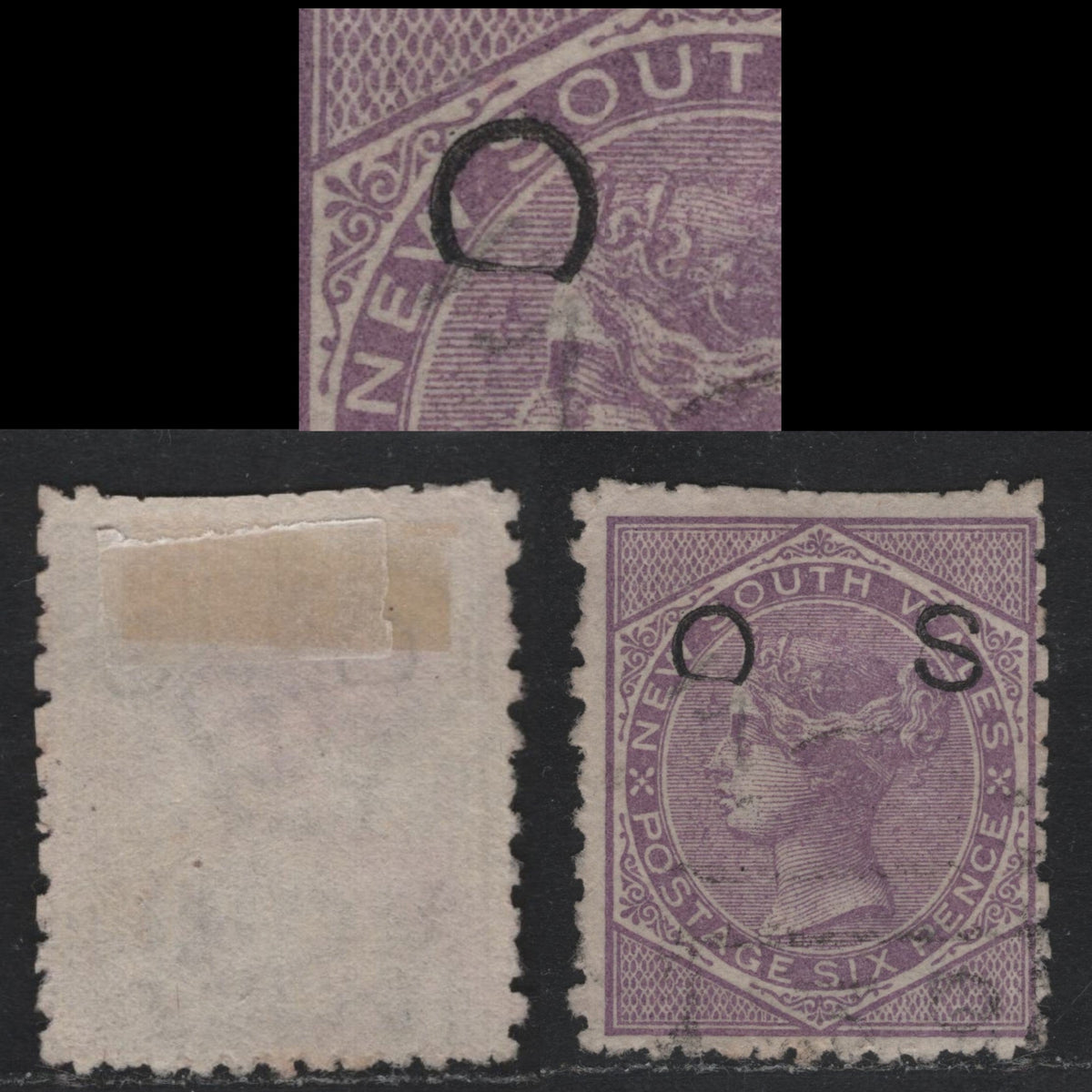Lot 340 Australia - NSW SG#O31bvar 6d Mauve , 1882-1885 Queen Victoria Sideface Overprinted Issue, A Very Good Used Single, Perf 10x12, Showing Unlisted Deformed O in OS, Perfs Clipped At Top, But Still Scarce & Seldom Seen.