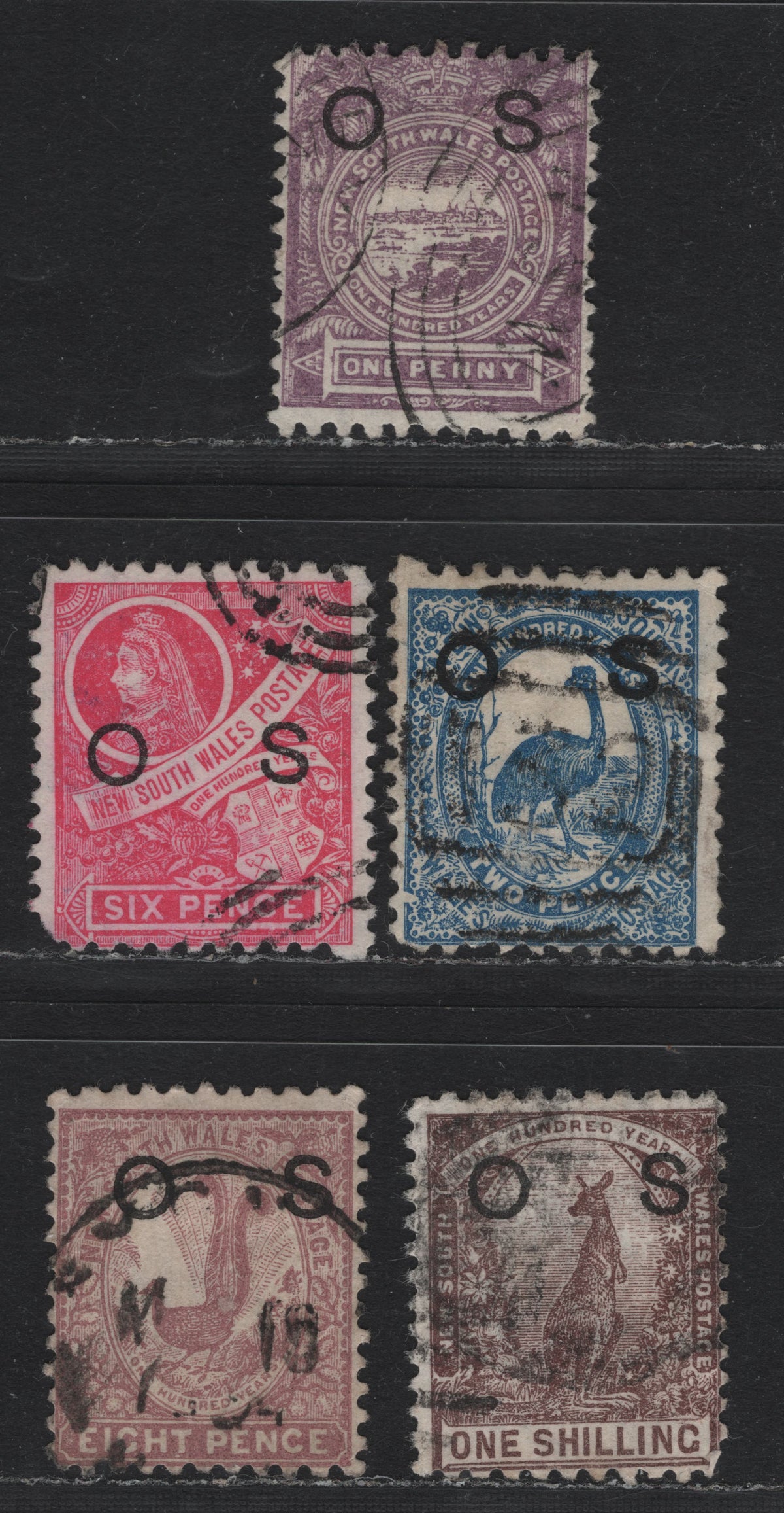 Lot 348 Australia - NSW SG#O39-O40, O42-O43, O44b 1d - 1/- Lilac - Purple Brown , 1888-1890 Centenary Issue, 5 Good/Fine Used Singles, Perf 11x12, Crown & NSW Wmk With Wide Gap, OS Overprinted.